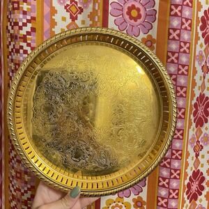 Vintage Scandia 24K Gold-Plated Tray Dish Plate Etched Floral‎ Design Sweden 10"